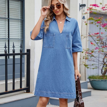 Women’s v neck short sleeve denim midi dress with pockets in blue, front view