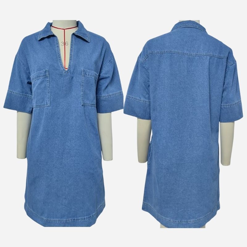Women’s v neck short sleeve denim midi dress with pockets in blue, front and back views