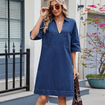 Women’s v neck short sleeve denim midi dress with pockets in navy