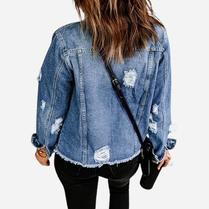 Women's ripped denim jacket distressed jean coat in blue, back view