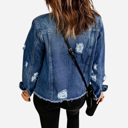 Women's ripped denim jacket distressed jean coat in navy, back view