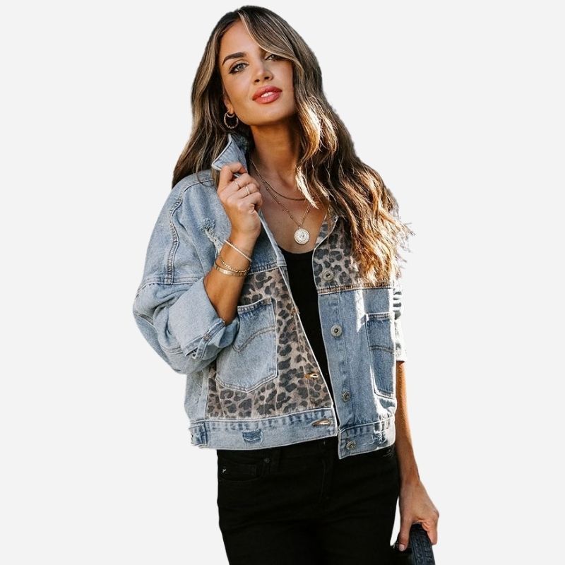 Women's leopard patchwork denim jacket button up jean coat