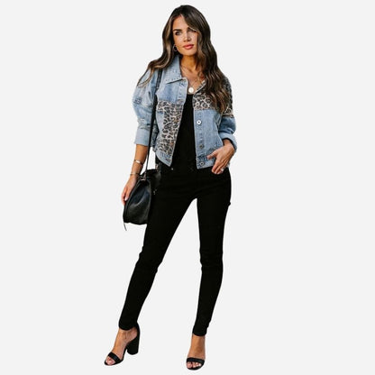 Womens Leopard Patchwork Denim Jacket Distressed Button Up Jean Coat
