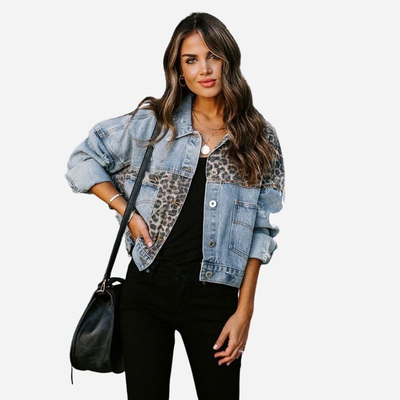 Women's leopard patchwork denim jacket button up jean coat, front view