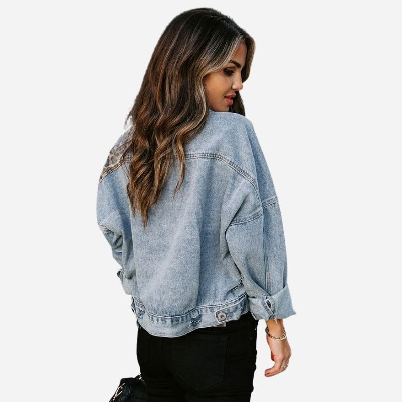 Women's leopard patchwork denim jacket distressed button up jean coat, back view