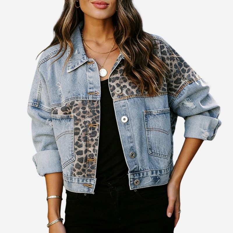 Women's leopard patchwork denim jacket distressed button up jean coat
