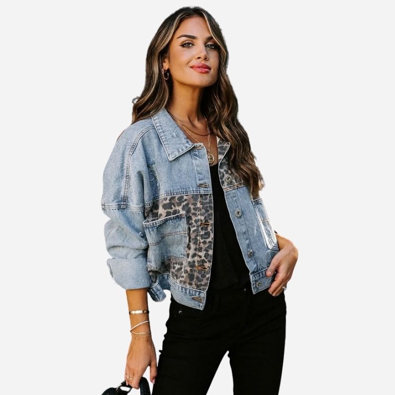 Women's leopard patchwork denim jacket button up jean coat, side view