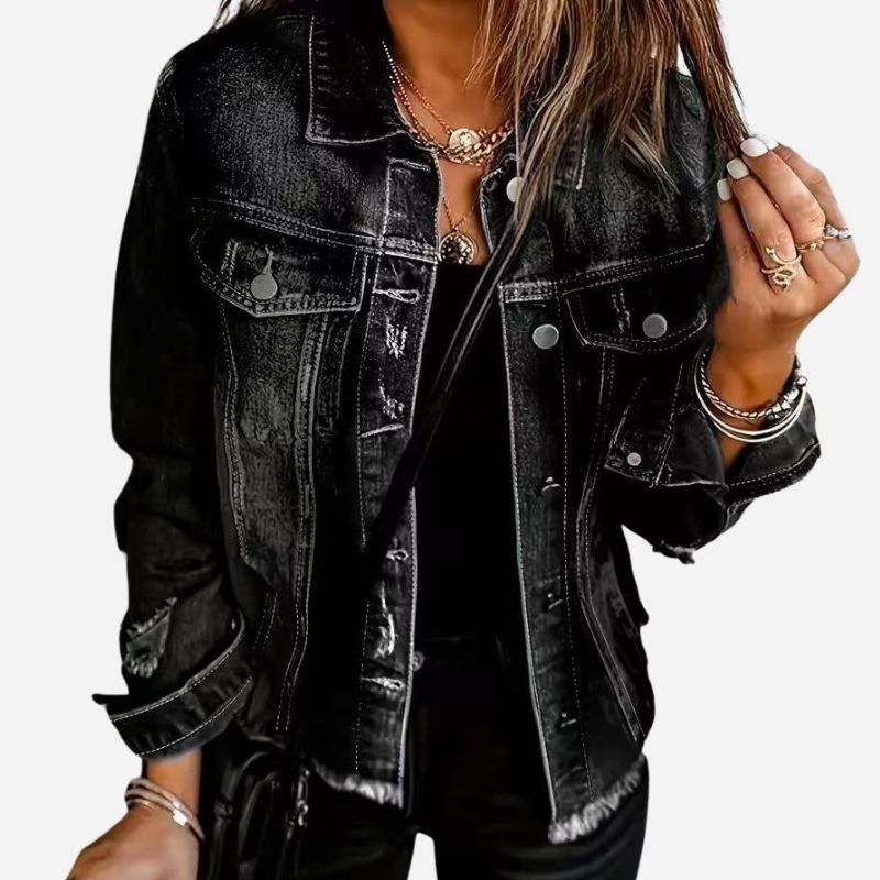 Women's ripped denim jacket distressed jean coat in black, front view