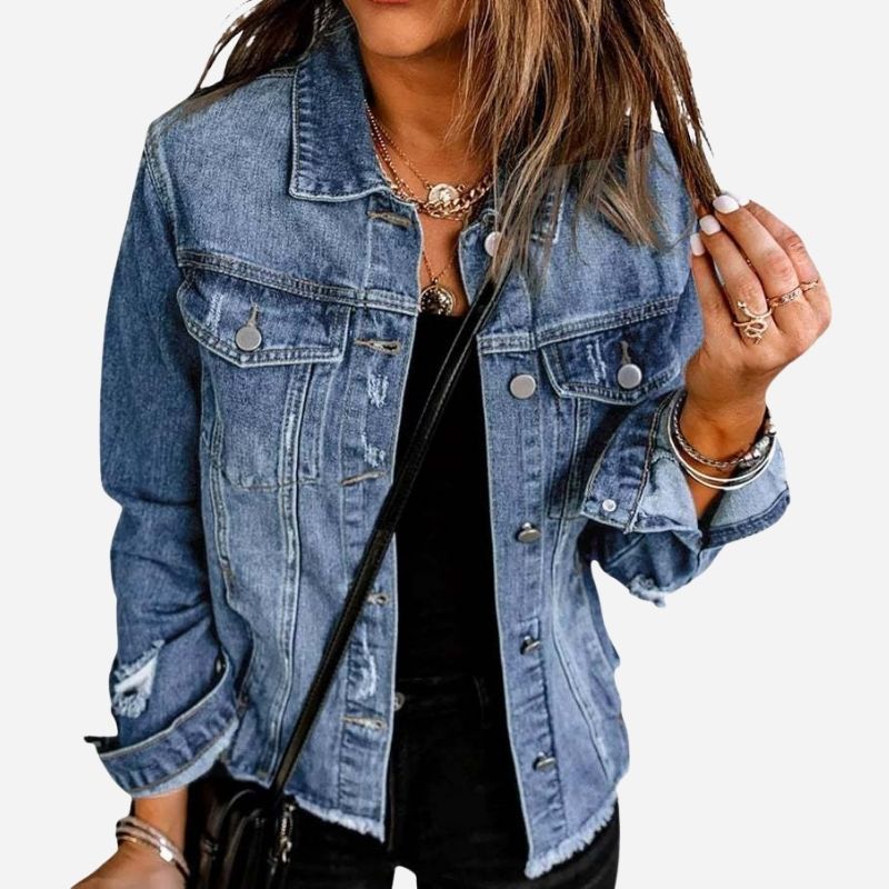 Women's ripped denim jacket distressed jean coat in blue, front view