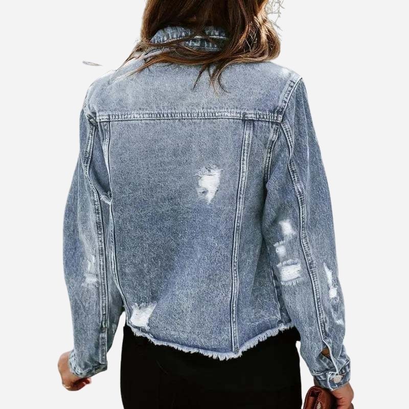Women's ripped denim jacket distressed jean coat in light blue, back view