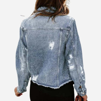 Women's ripped denim jacket distressed jean coat in light blue, back view