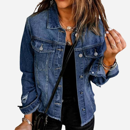 Women's ripped denim jacket distressed jean coat in navy, front view