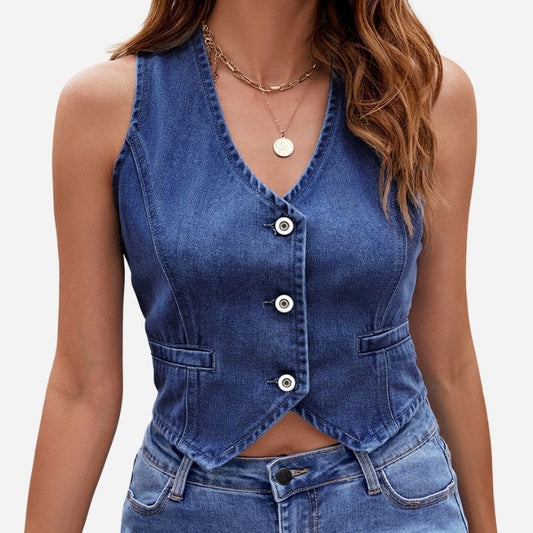 Women's v neck denim vest sleeveless button down cowboy jean crop top in navy