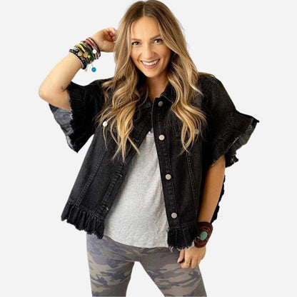 Women's ruffle sleeve denim jacket frayed hem jean coat in black, front view