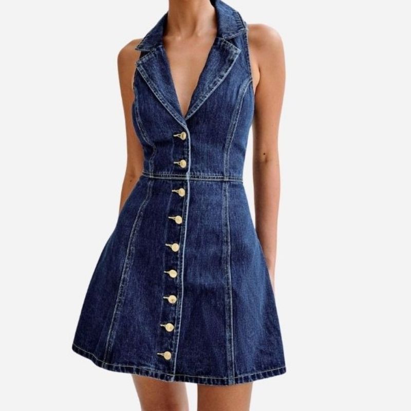 Denim halter mini dress women y2k sleeveless button down jean dress