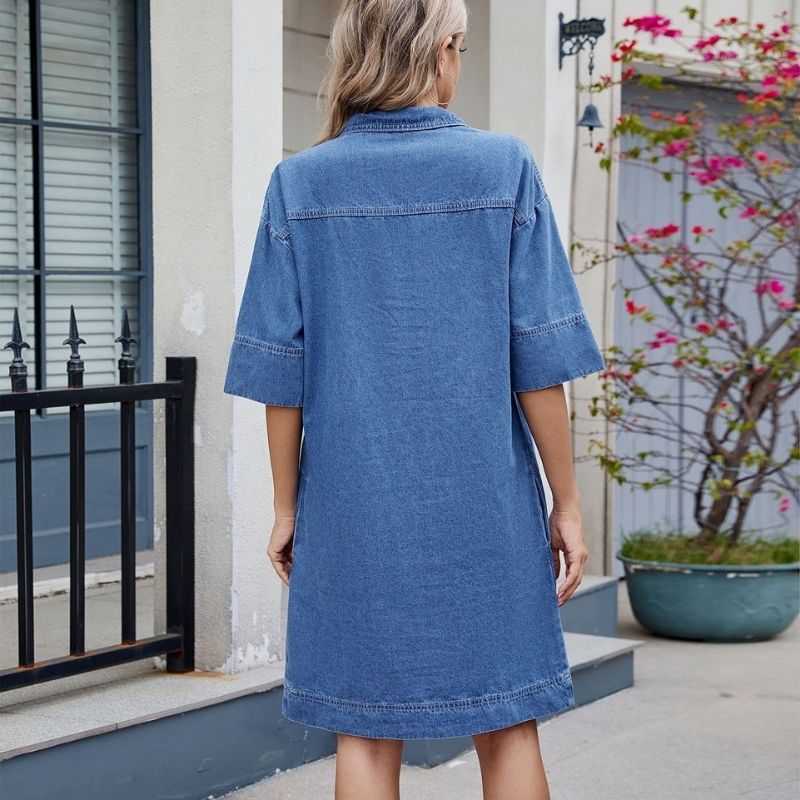 Women’s v neck short sleeve denim midi dress with pockets, back view