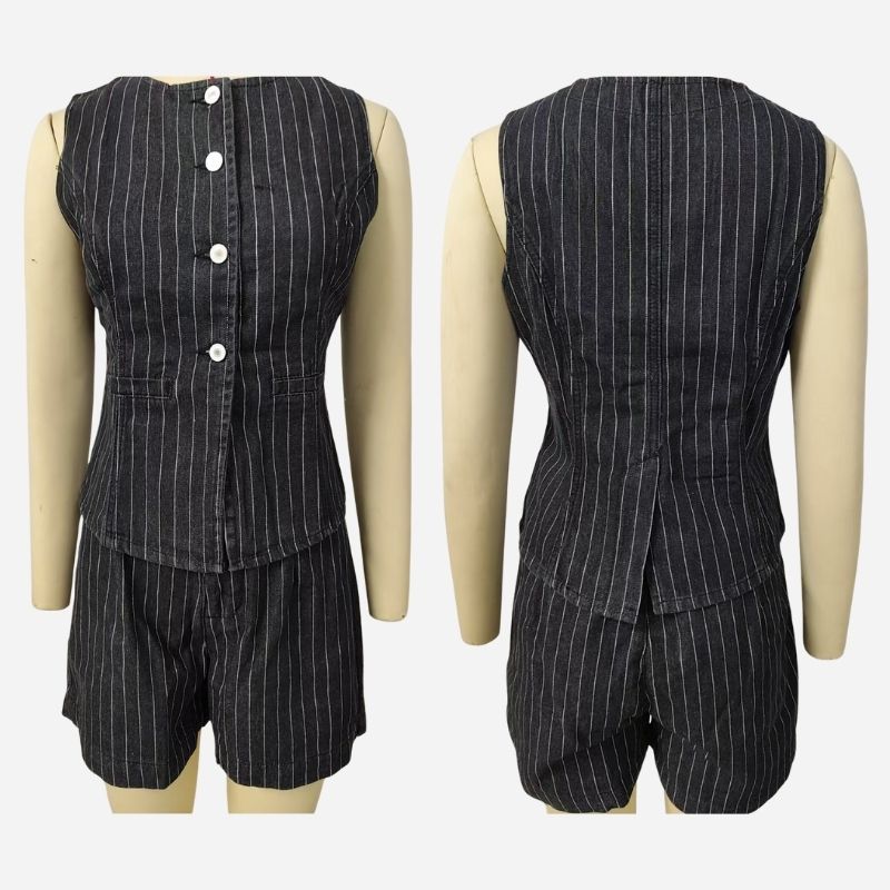 Women's sleeveless denim vest and shorts set button front outfit in navy, front and back views