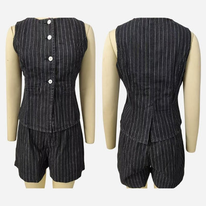 Women's sleeveless denim vest and shorts set button front outfit in navy, front and back views